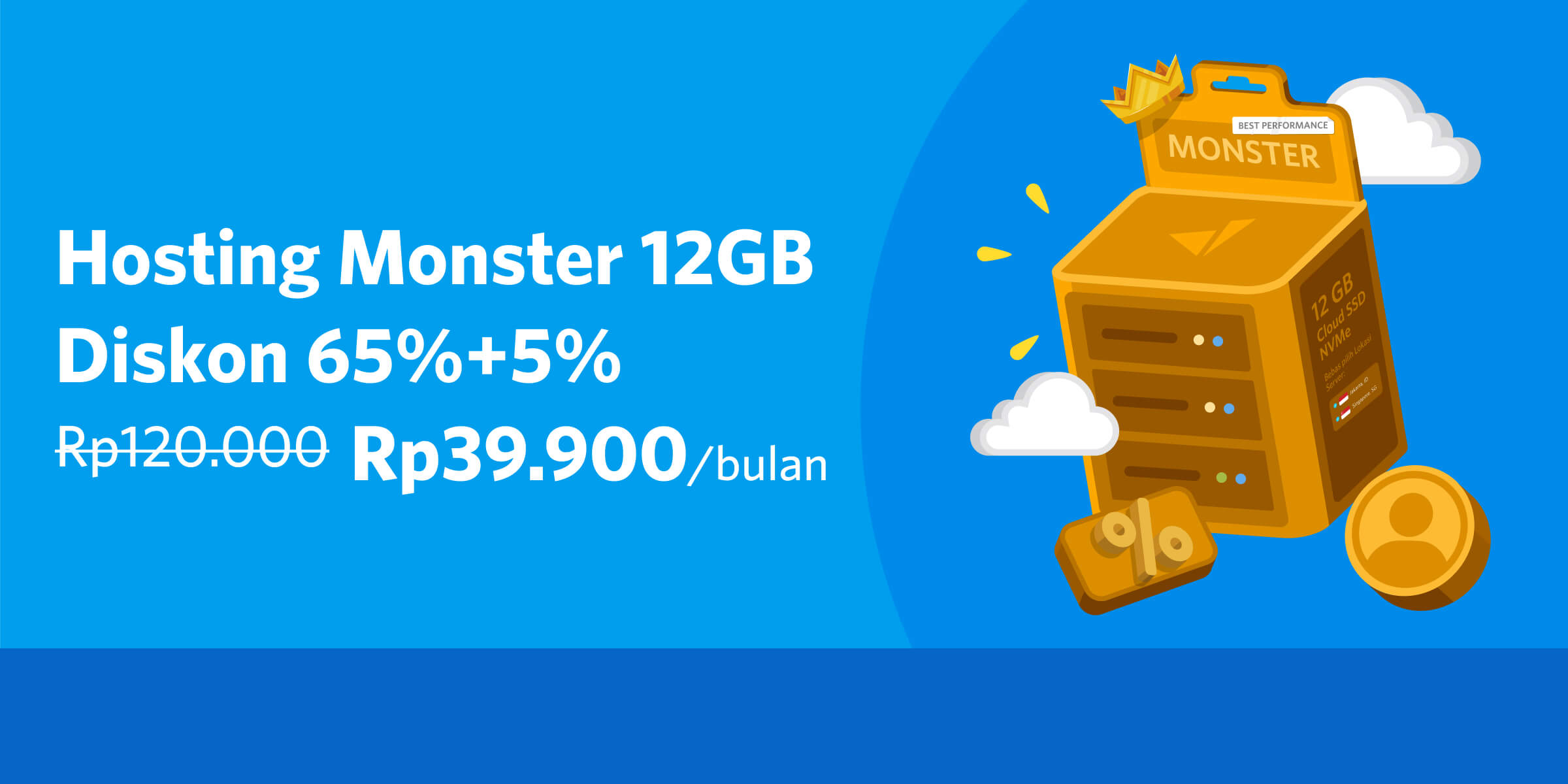 Diskon 65%+5% Web Hosting Monster 12GB